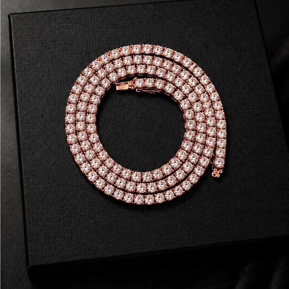 925 Sterling Silver Rose Gold 30.00CTW MOISSANITE Tennis Necklace Size 22”